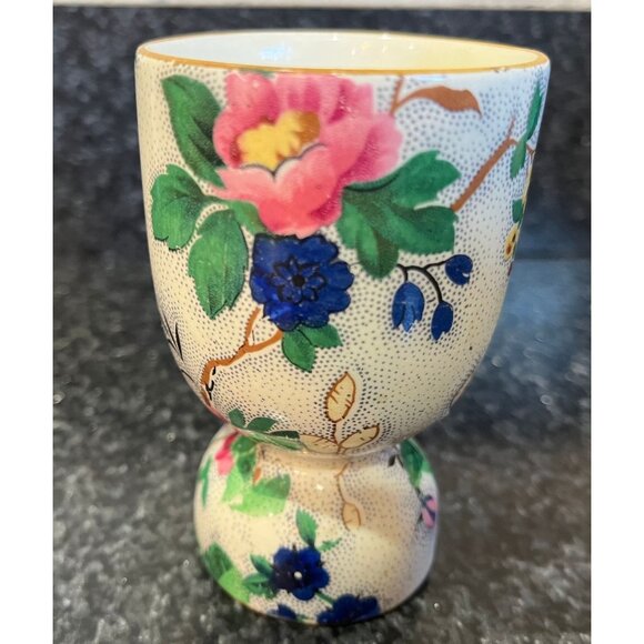 Double Egg Cup Heavy Floral Pattern Blue Pinks Greens Gold Rim Not Royal Winton - Picture 9 of 9